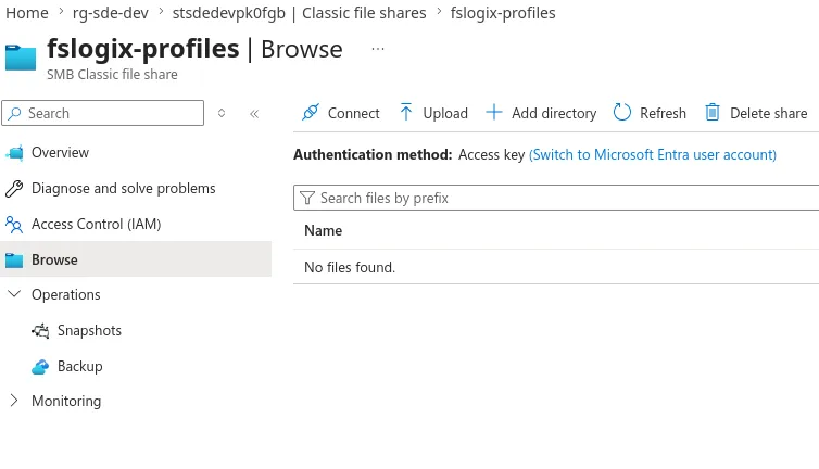 screenshot of empty Azure Files share